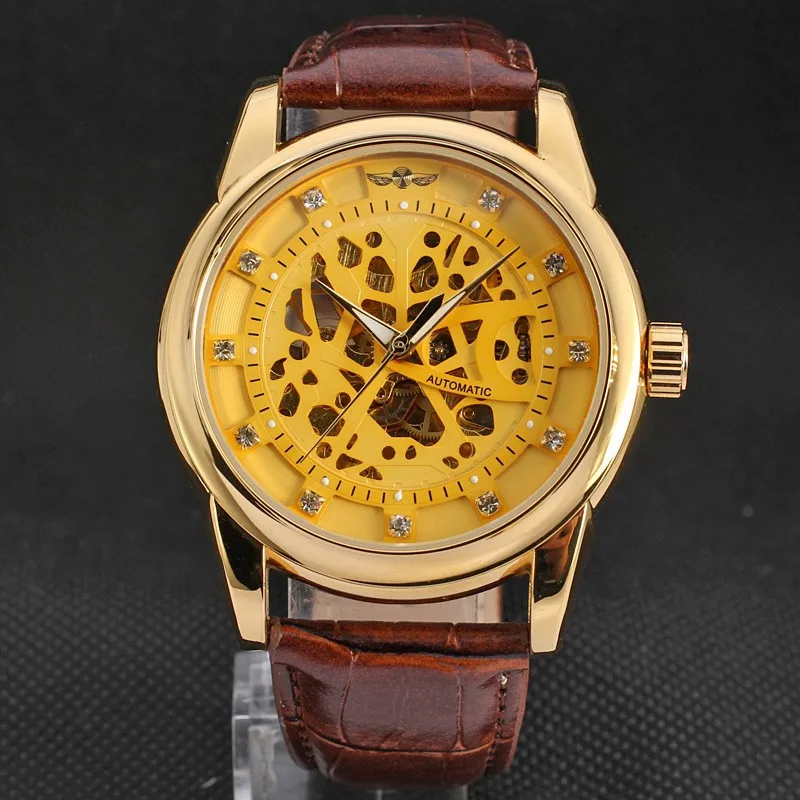Vogue Leather Strap Watch Fashion Casual Men Skeleton Mechanical Watches Clock Male Relogio Masculino Wristwatches Erkek Saat