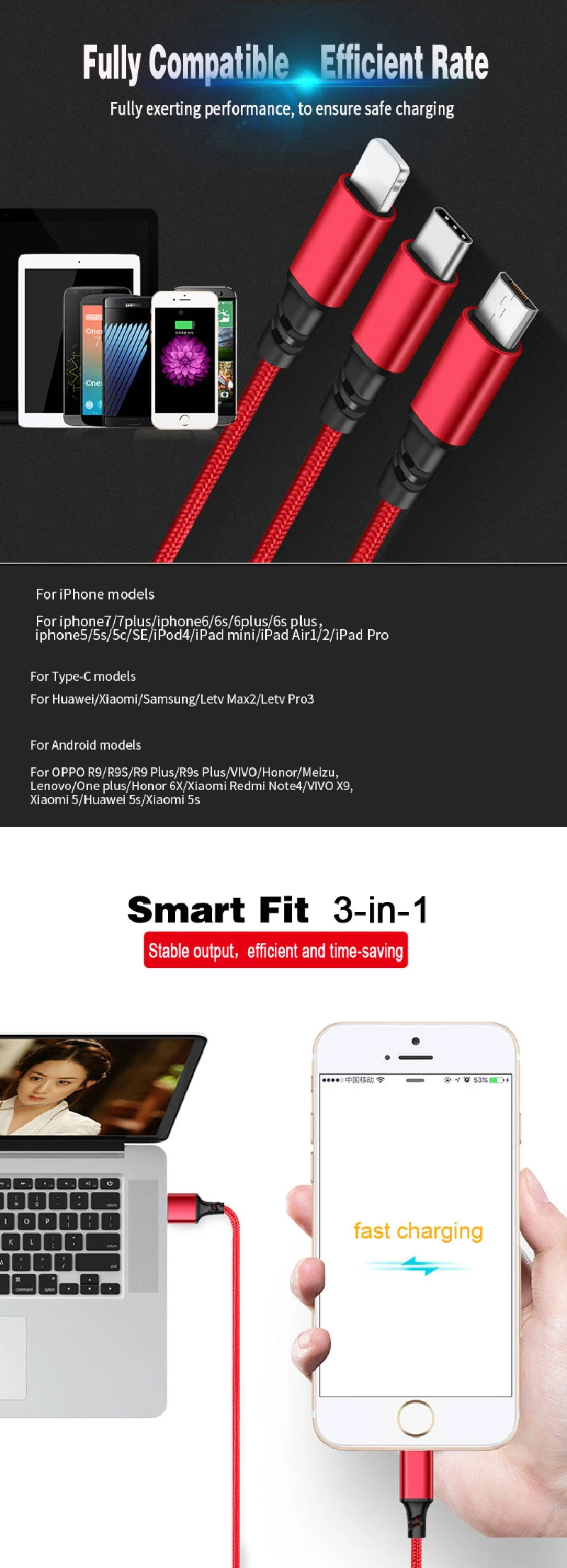 Eonline Multi Charger Cable Universal 3 in 1 USB Charging Cable with Micro USB Type c Port Cable for 8-PIN Most Android Phones - ANKUX.COM