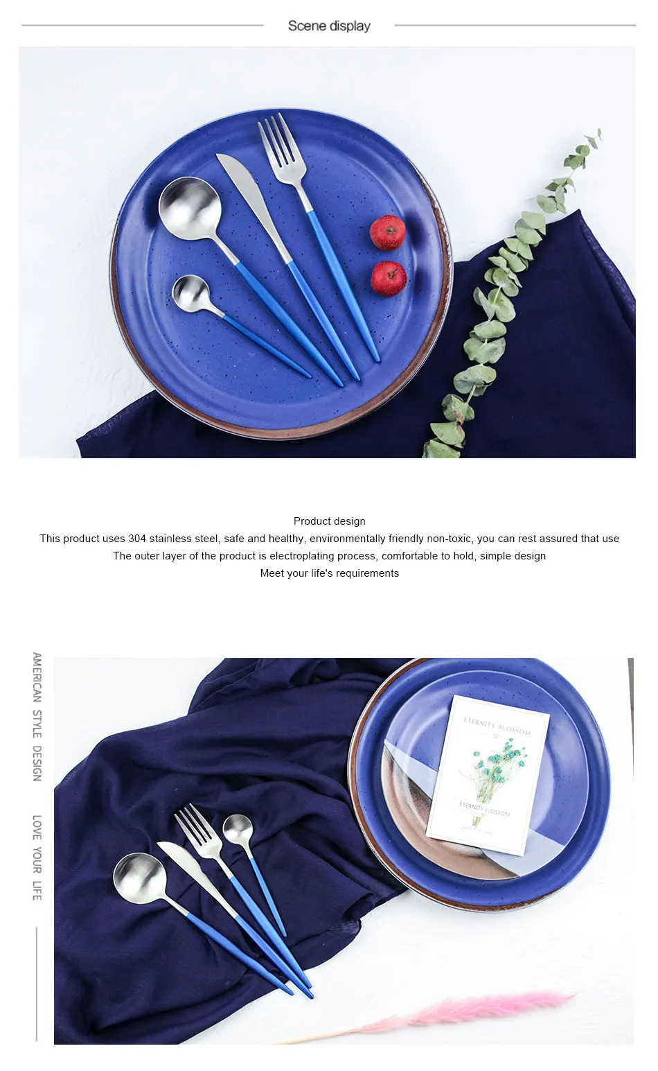 Luxury Blue Tableware Set 304 Stainless Steel Plating Gold Silver Knife Forks Cutlery Sets European Dinner Western Food 4pcs (3)