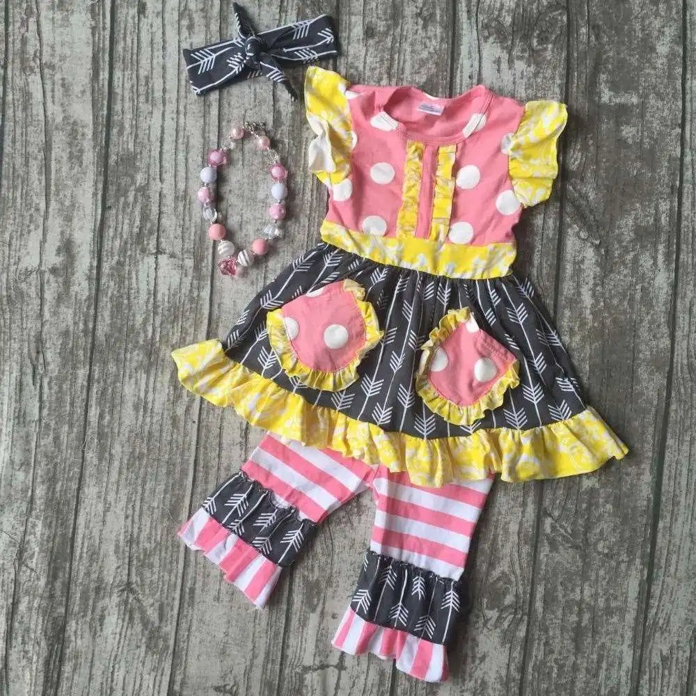 capris spring summer baby girls flutter sleeveless clothing kids grey arrow boutique outfits striped with necklace and headband