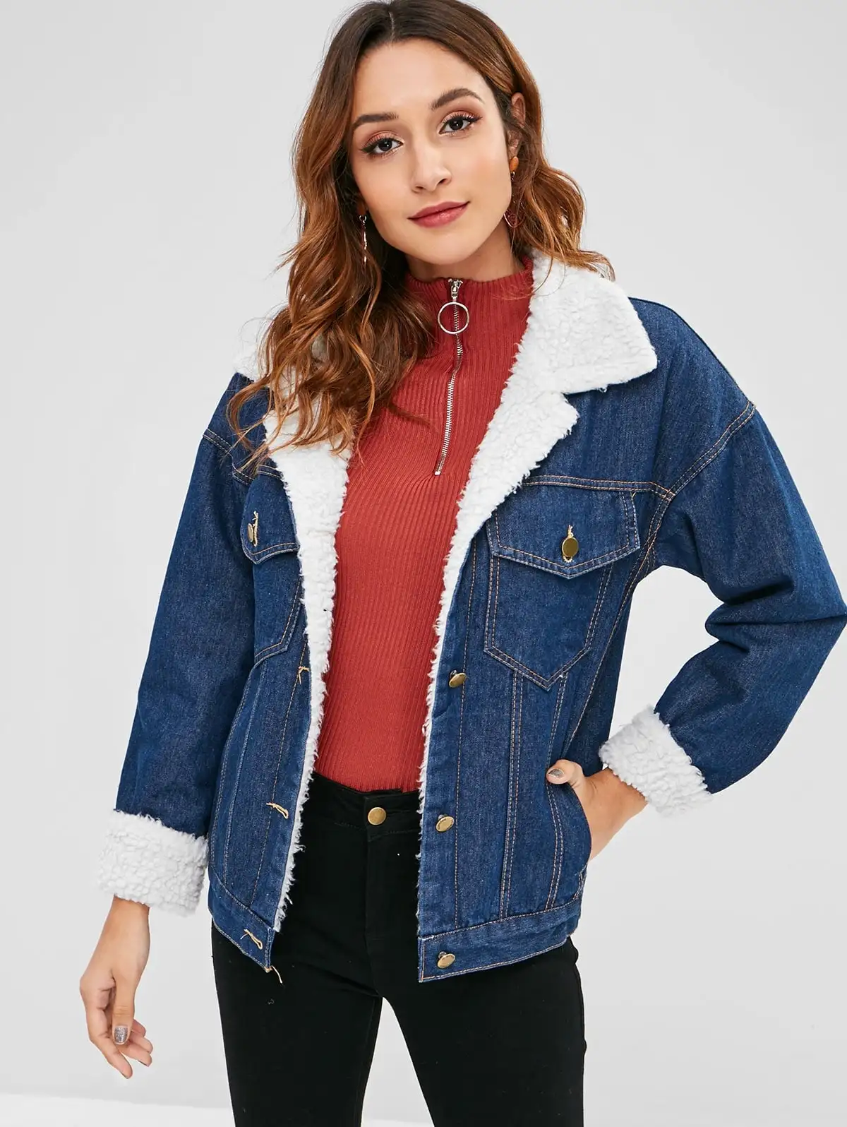 Hot Sale Crazy Faux Fur Shearling Lined Denim Winter Jackets for Women