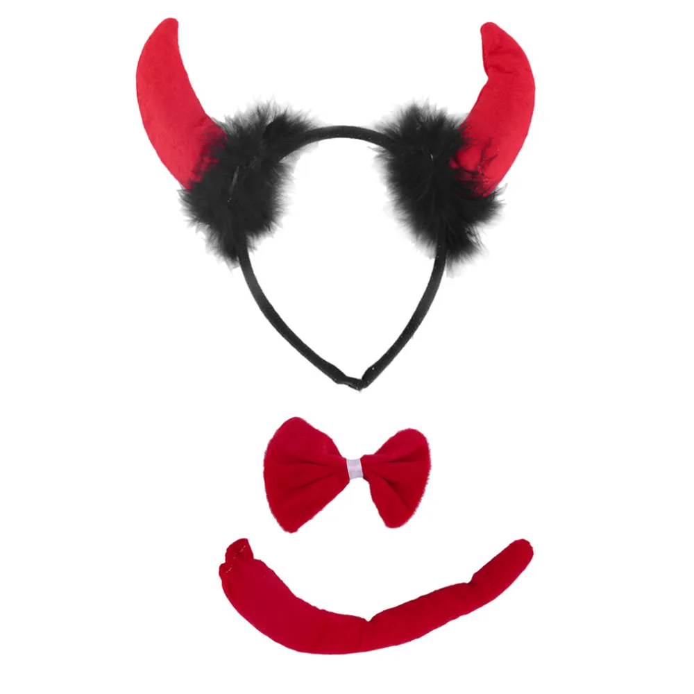 Cute Red Horn Sets Bow Tie 3Pcs Tail Party Ox horn Fancy Dress Costume For Christmas Halloween/Carnivals Large/Small Size
