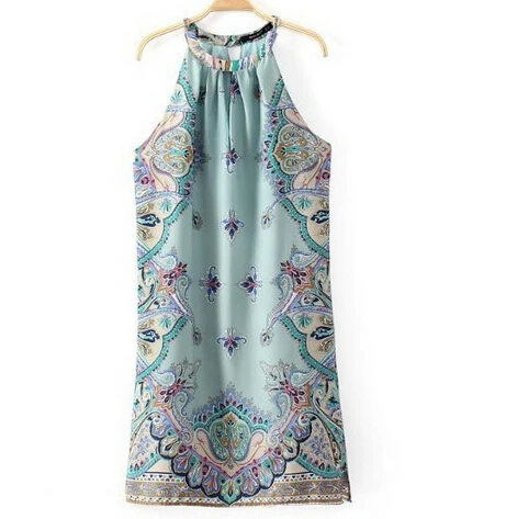 2015 Summer Dress Brief Palace Style Printing Halter Women Dress Pleated O-Neck Sleeveless Knee-Length Lake Blue Casual Dress