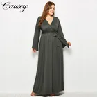 Long sleeve big size v neck floor length arabic style dresses for women