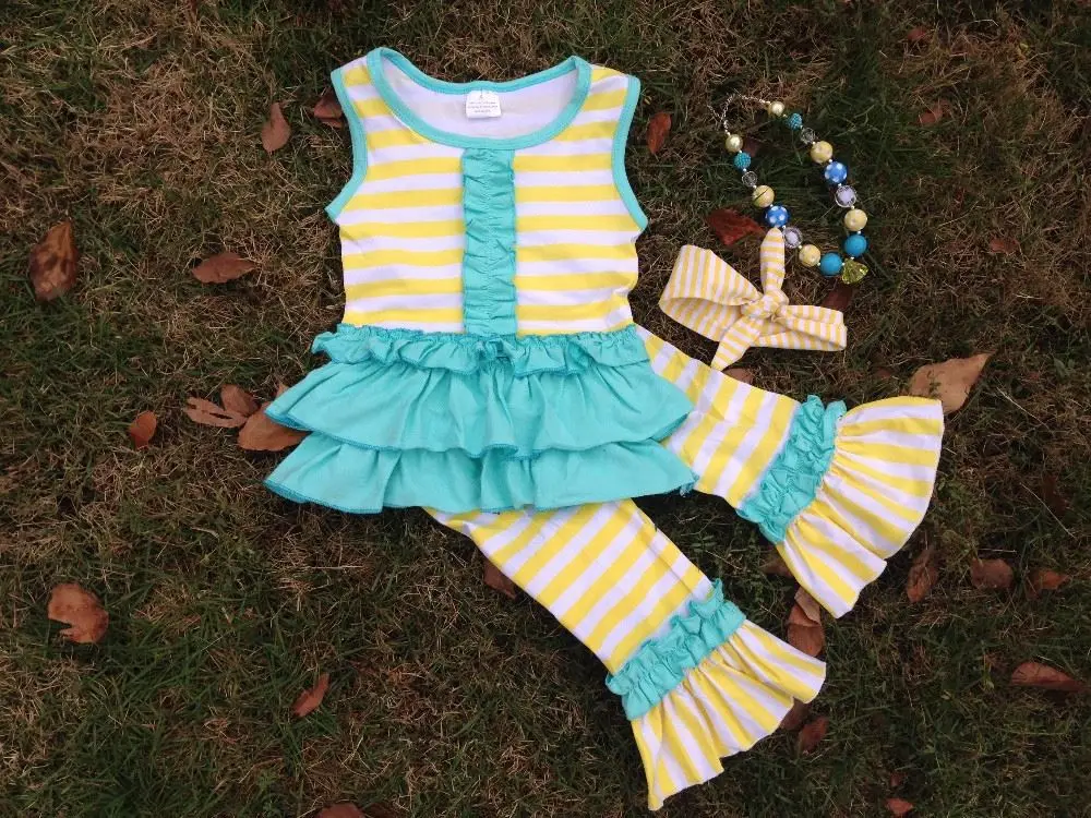 2016 new hot girls yellow strips blue capri set outfits with matching necklace and headband