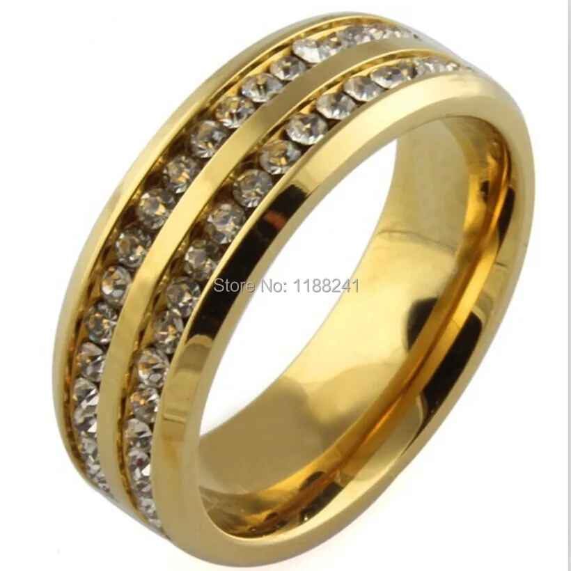 10pcs/lot Size 6-13 Men Women Finger Ring Titanuim Steel Zircon Stone Fashion Jewelry Rings Wedding Wholesale R007-GD