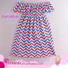 New Style Little Girl Cotton Fabric Off Shoulder Dress Baby Girls Blue Red White Chevron Prints Dresses Suitable For 4th Of July