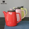 Custom printed color glazed stainless steel lid red ceramic teapot
