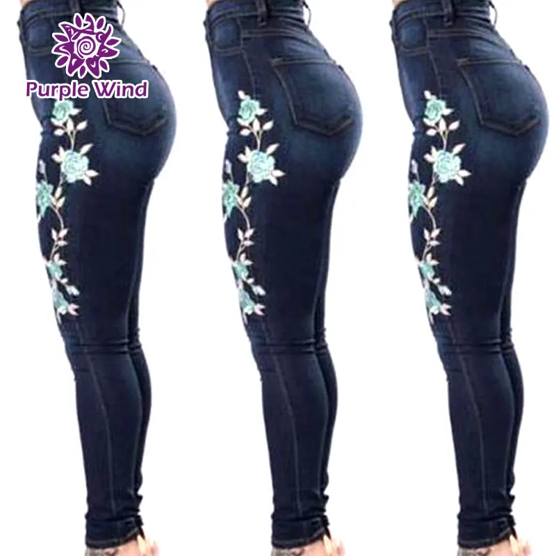 Custom New Arrivals Fashion Flower Embroidered on Leg High Waist Blue Jean Skinny Pencil Women Denim Jeans