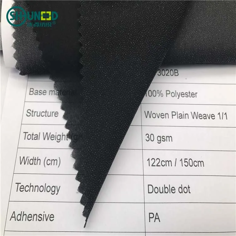 Best service enzyme wash 100 polyester 30gsm low stretch woven fusible interlining fabric fusible 1/1 structure / high quality
