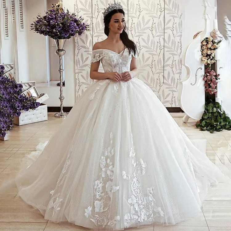 Бальное платье Свадебные платья 2019 принцесса с плеча кружева аппликация Саудовская Арабский Свадебные платья со шнуровкой сзади