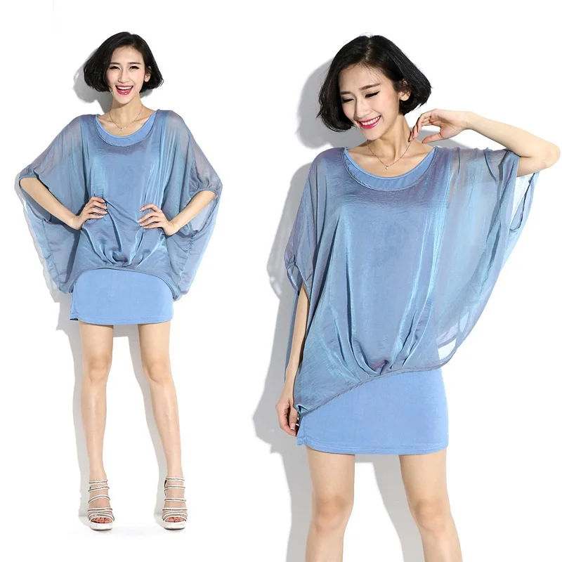 2015New Fashion Women Sexy Faux two Chiffon Dress Ladies Summer Style Batwings Sleeve sheath dress Casual Vestidos plus size