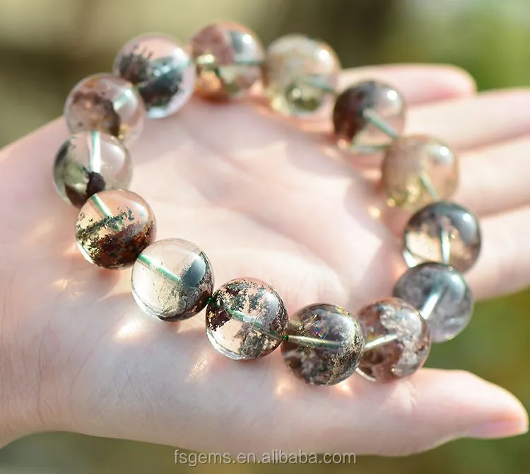Natural Multicolor Round and Star Shaped Rutilated Quartz Bracelet Green Mineral Gemstones