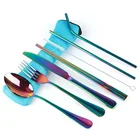 Stainless Steel Rainbow Flatware Set Reusable Cutlery Set Travel Utensils Set with Straws for Camping Office or School Lunch