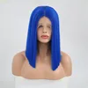 Silk Straight Short Bob Wig For Women 10-16inch Middle Part Blue Synthetic Hair Cosplay Lace Front Wigs with Baby Hair