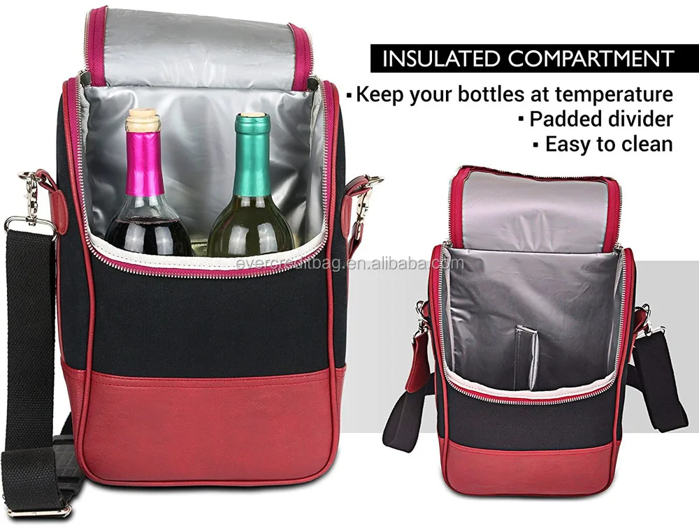 Wine Carrier / Wine Tote Bag - Luxury Leather Wine Champagne Case. Insulated Cooler Chiller Case for 2 Bottles
