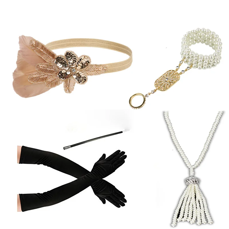 Venta al por mayor 1920 s diadema de pulsera de collar de perlas guantes 20 s aleta Gatsby traje conjunto de accesorios