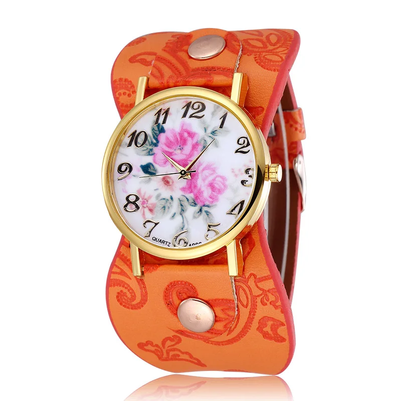 Punk Style Flower Women Watch Leather Strap Pu 2015 Fashion Casual Clock Design Ladies Watches Analog Quartz Vintage Wristwatch