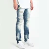 Faded Blue Monkey Wash Mens Denim Jeans Ripped Holes Red White Spots Stretchy Skinny Jeans
