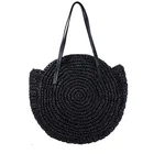 JAKIJAYI Natural Paper Straw Crochet Crossbody Handbag Black Beach Round Straw Bag