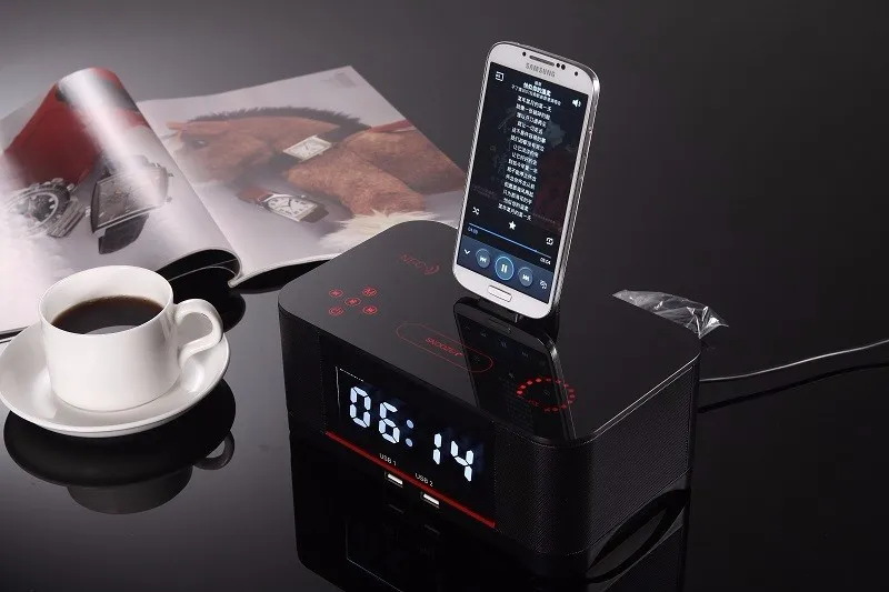 Hot A8 Touch Radio Alarm Clock Bluetooth Speaker with docking System,Portable Dock Station Stereo A8 FM AUX NFC Dual USB speaker - ANKUX.COM