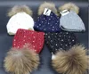 2017 Winter Newest Pearl Decoration Raccoon Fur Pom Pom bling bling Caps Knitted Beanie Hat for Women