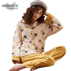 Yellow pineapple 2-piece cotton pajama set ladies sleepwear women wholesale cotton pajamas long sleeve cardigan