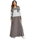 Muslim Womens Loose Pocket Striped Dresses Casual Gray Islamic Knee-Length Dress