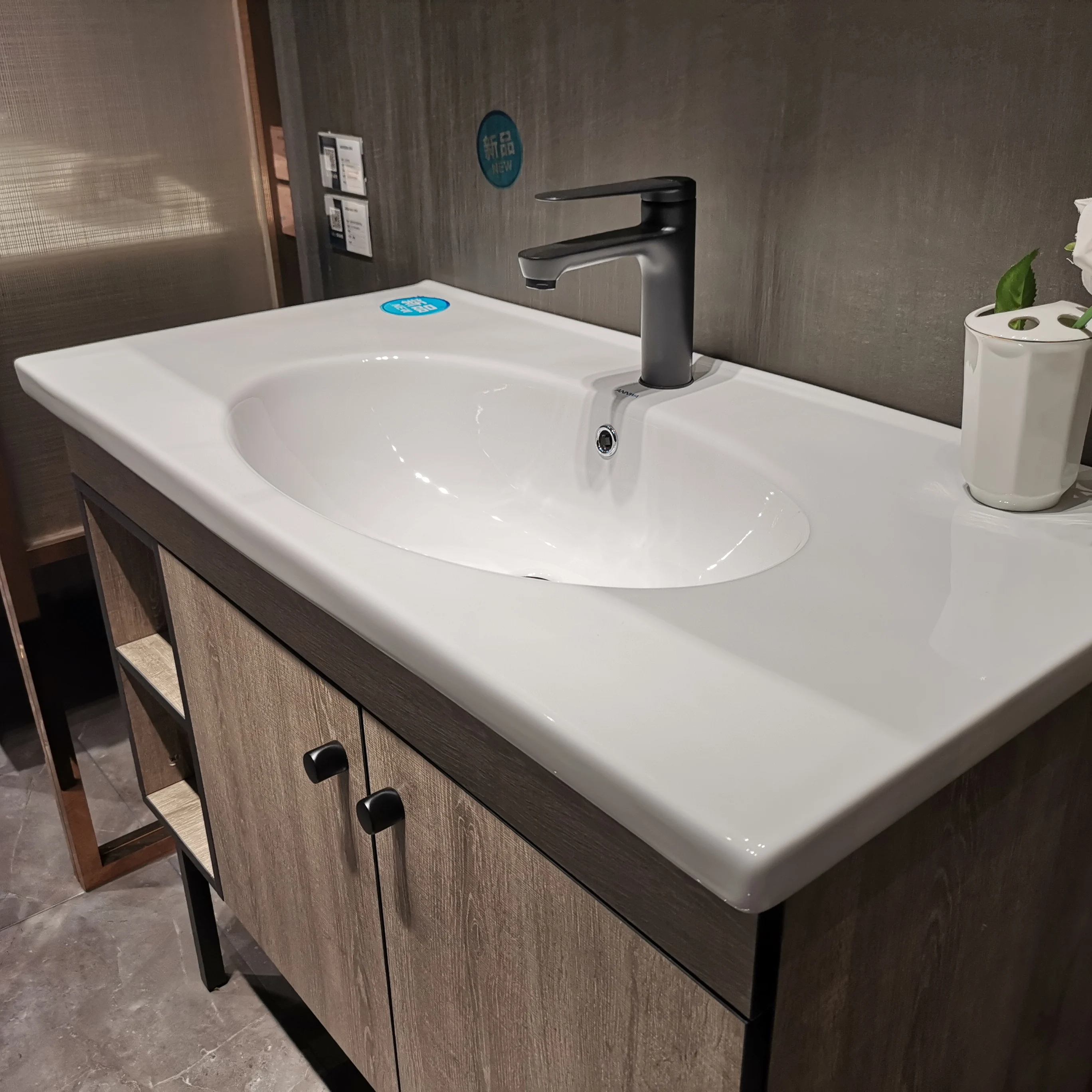 ANNWA N95G15 Ceramic White Square Bathroom Single Hole Bathroom Cabinet Wash Basin