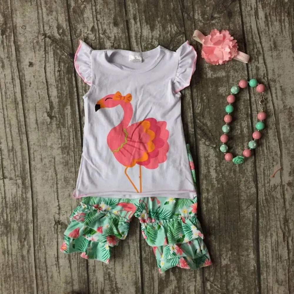 new girls outfit flamingo set white coral mint kids boutique short sets ruffles cotton girls clothing matching with accessories