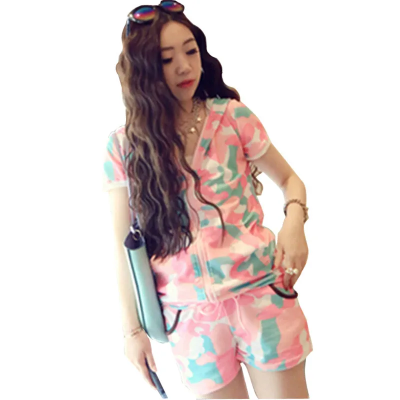 2015New Casual Hoodie Sports Suit For Women Moleton Feminino Summer Style Print Hoodies Sweatshirt Shorts Set Jogging Tracksuits