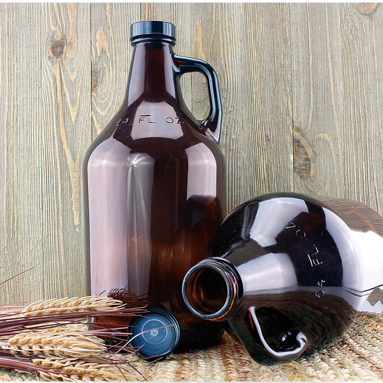 Amber Glass Growler Jugs 64-OunceHalf Gallon (2-Pack) w Black Phenolic Lids, Great for Kombucha, Home Brew, Distilled Water