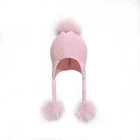 New Design Custom Large Real Fur Three Balls Baby Knit Hat Wool Baby Hat