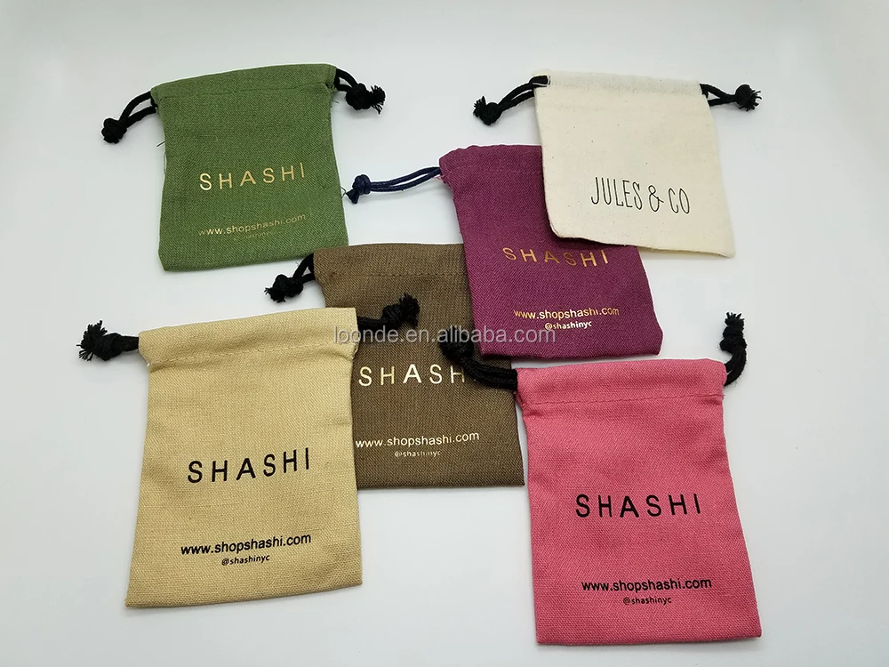 recycled small dyed cotton linen drawstring bag with gold