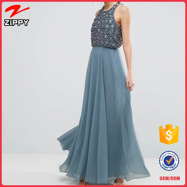 Embellished Pearl Crop Top Maxi sequin long party dress for ladies