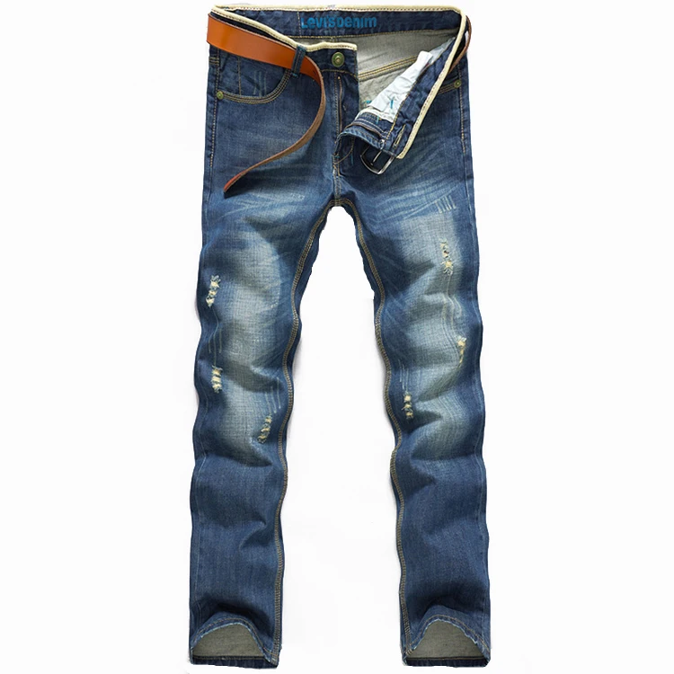 Hole Worn Jeans Feet Korean Slim Light Blue Jeans Male Tight Popular Youth Slim Cotton Man Tight Trousers Hole Worn Jeans Feet