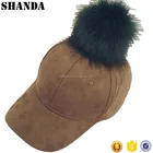 fashion custom suede baseball cap with fur pom
