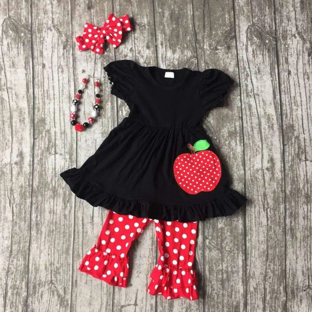 girls summer outfits children back to school clothing girls apple dress with red white polka dot capri pants with accessories