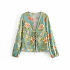 Autumn new green flowers and birds printed tether ladies long-sleeved sexy casual womens blouse top