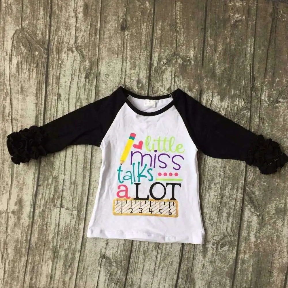 baby girls three quarter icing boutique raglans white black top shirts pencil Ruler crown children clothes back to school cotton