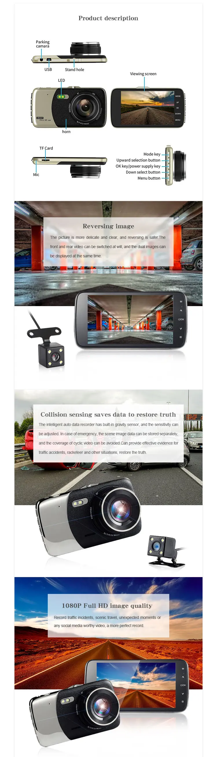 Display 4 Inch Double Camera Night Vision Dash Camera 170 Wide Angle Camera Car Dvr