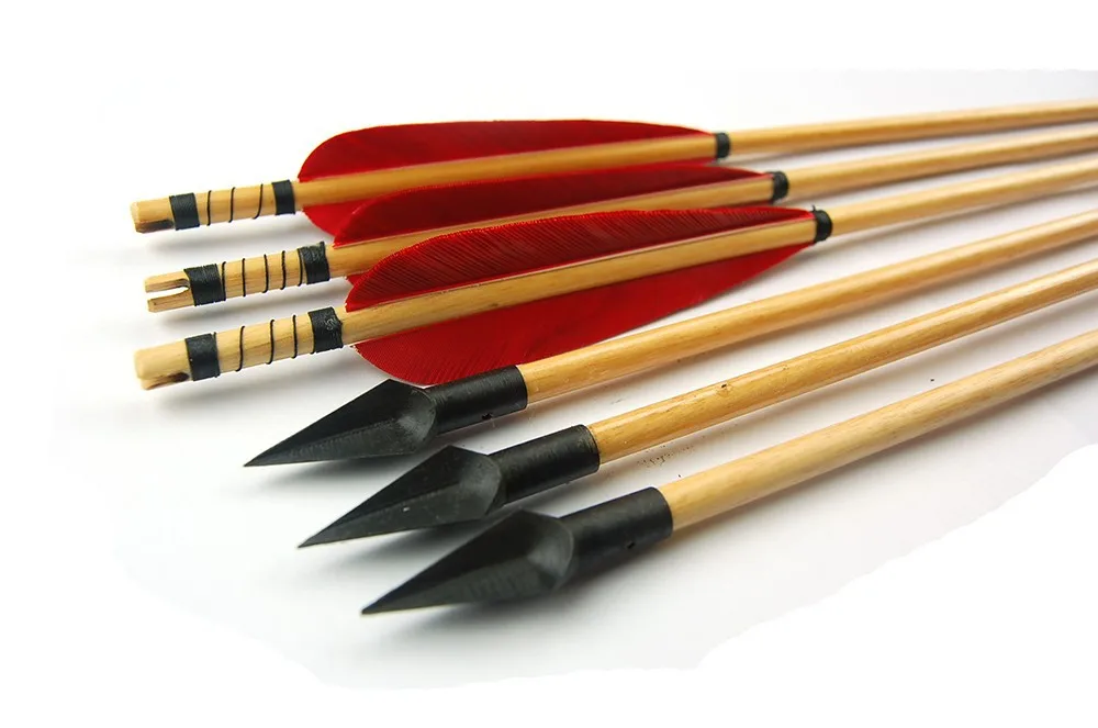 Wood Arrow For Recurve Bow With 5" Real Feather Wood Fletching Arrows