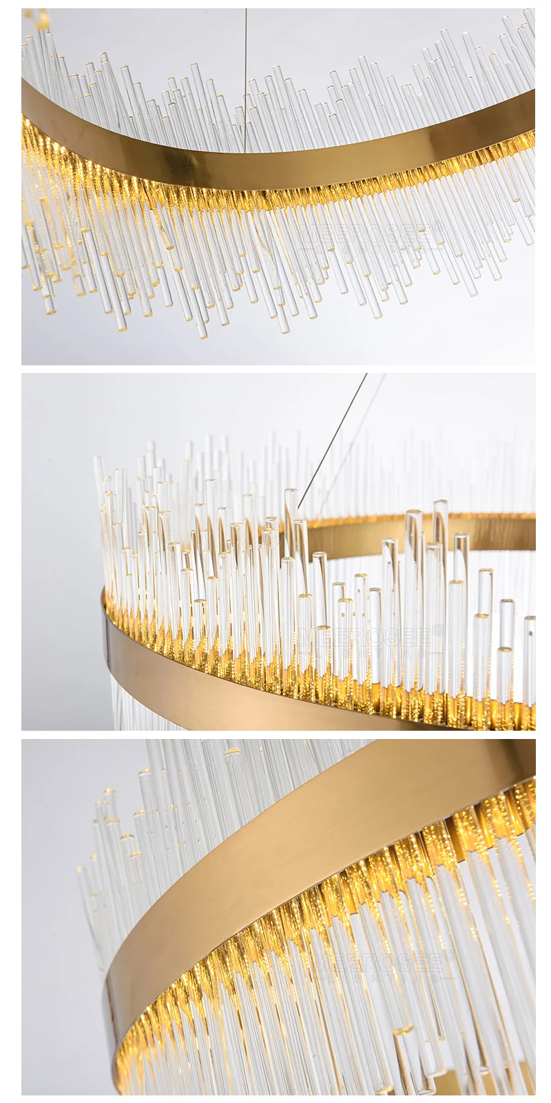 MEEROSEE LED Pendant Light Crystal rods Hanging Lamp for Dinning room Gold Circle Suspension Lamparas Lustres Abajur MD85503