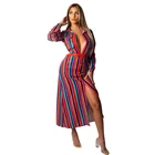 Single breasted women casual multicolor stripes long sleeve maxi shirt dress