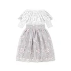 Girl Dresses Off-shoulder ruffled floral spark Embroidery lace long Sleeve Children Girl Dress Wholesale Children cutest