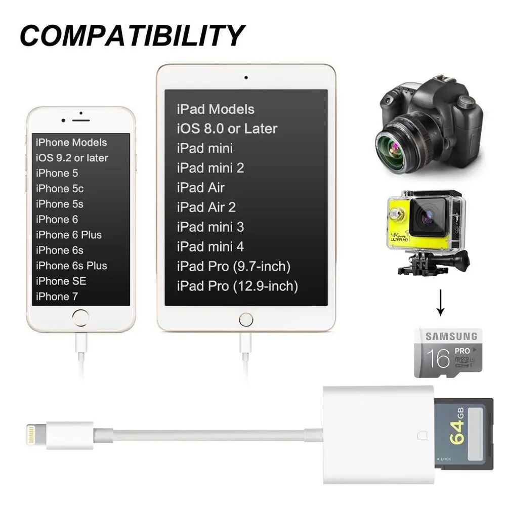 Lumière ning à USB3 Caméra Adaptateur Lecteur De Carte SD pour ipad iPhone X/8 Plus//7/6 /5 iPad Mini/Air - ANKUX.COM
