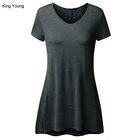 KY OEM wholesale women v neck short sleeve plus size loose fit long tunic shirts flare hem blouse tops
