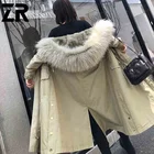 Ladies Short Real Rabbit Fur Coat Parka With Raccoon Collar