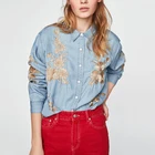 Custom Design Long Sleeve Shirt Gold Embroidered Cotton Woman Blouse