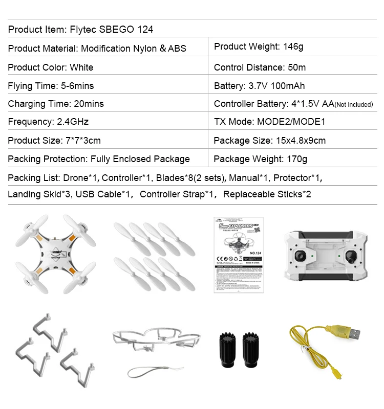 16. SBEGO_124_White_Pocket_Drone_One_Key_Switch_Controller_USB_Charger_Mini_RC_Quadcopter_RTF